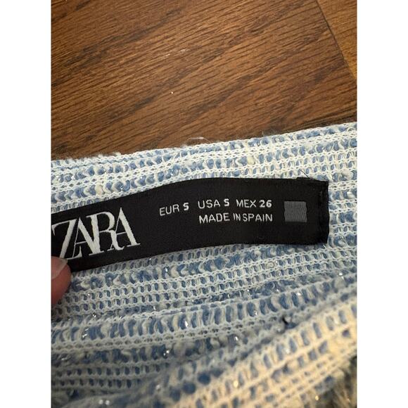 ZARA Blue Silver Tweed Structured Flared Pants Trousers Metallic Small - Picture 5 of 8